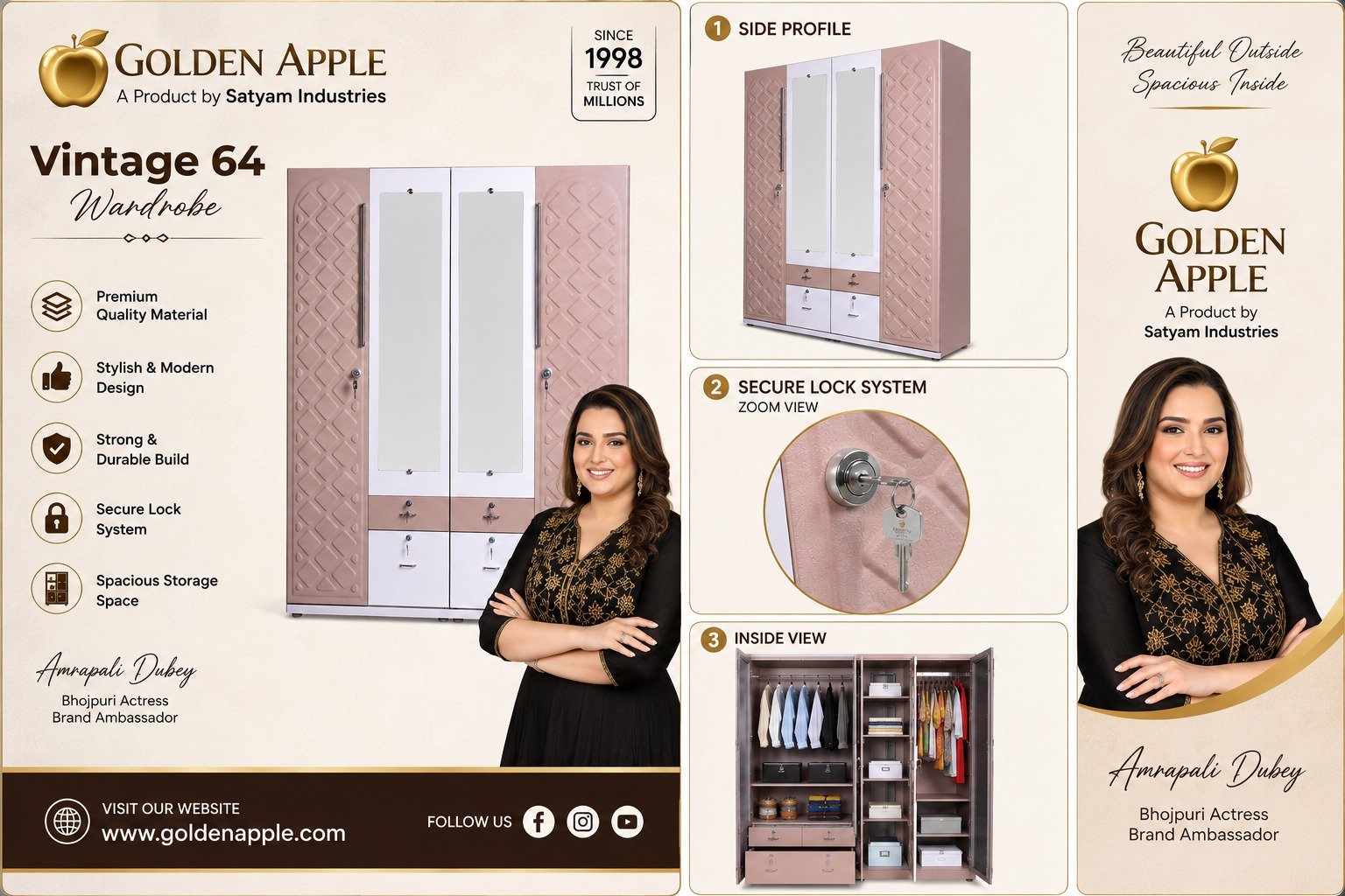 Golden Apple Vintage 64 4 Door Wardrobe with Mirror