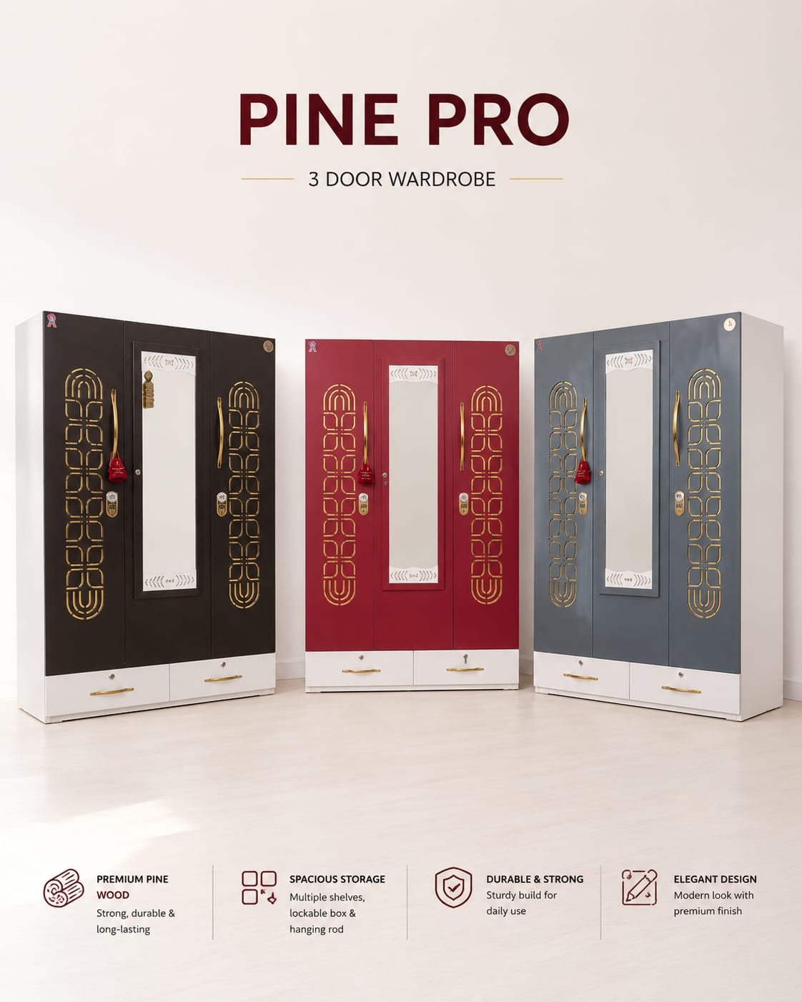 PINE PRO – 3 Door Wardrobe