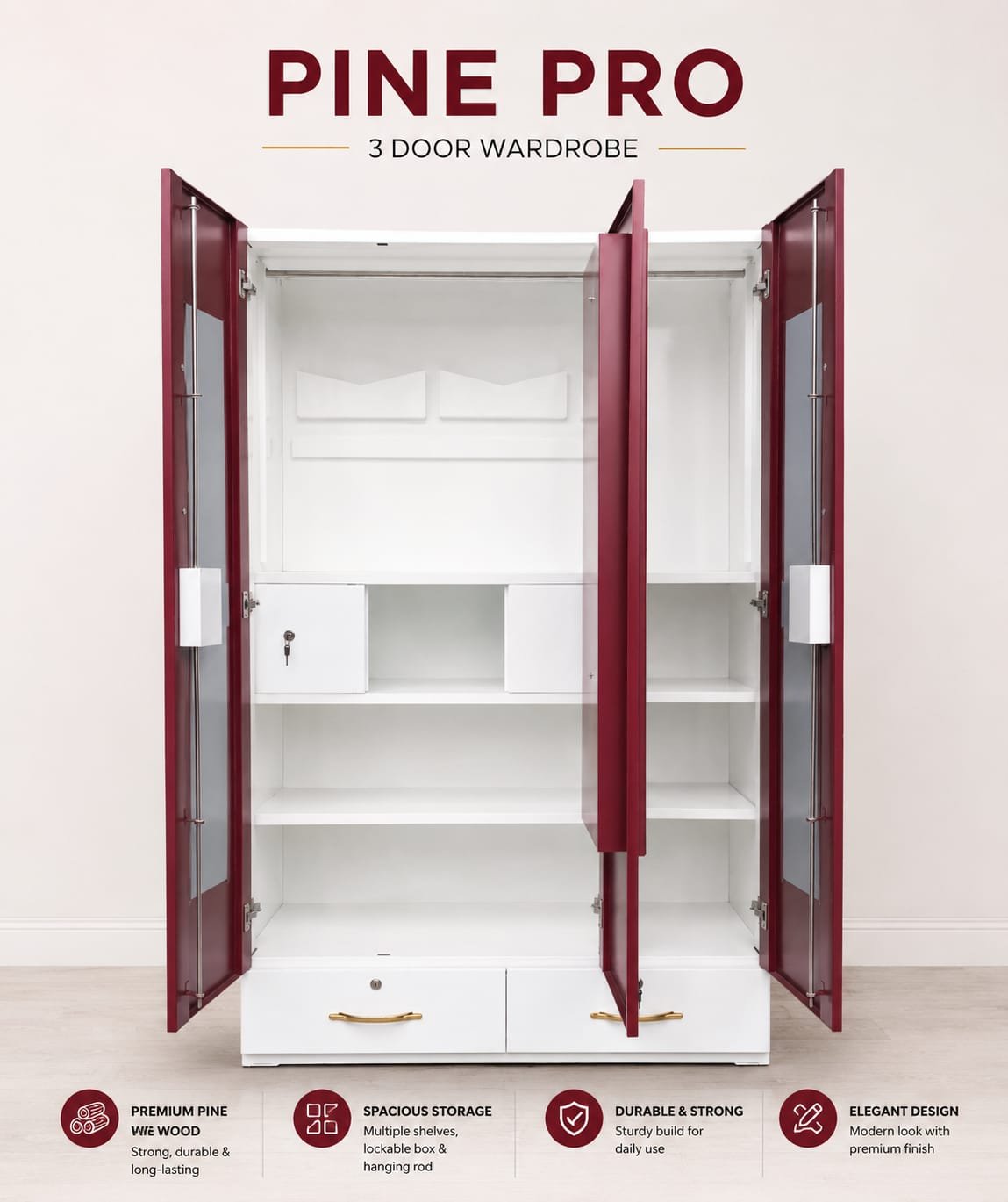 PINE PRO – 3 Door Wardrobe
